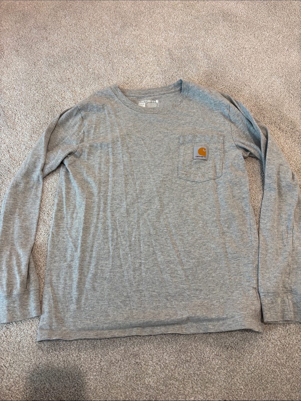 Kids Carhartt Long-Sleeve Pocket Tee — Heather Gray with Tan Logo
